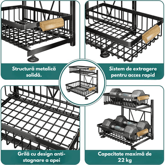 Organizator Bucătărie-Baie, Raft Metalic 2 Nivele cu Coșuri Culisante, Negru