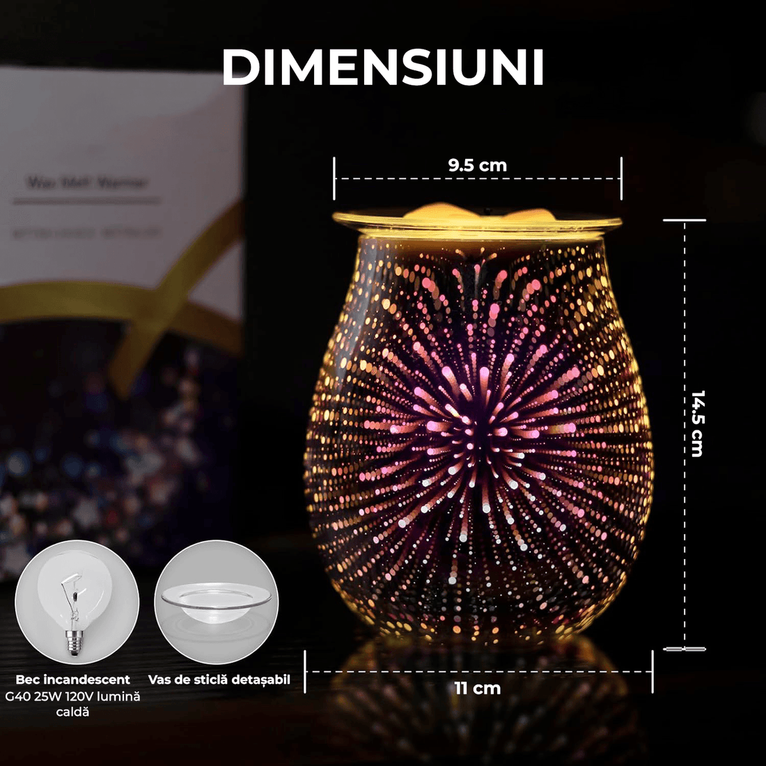 Topitor Ceară Parfumată cu Design 3D Artificii din Sticlă, Încălzitor Electric cu Lumini, Aromaterapie