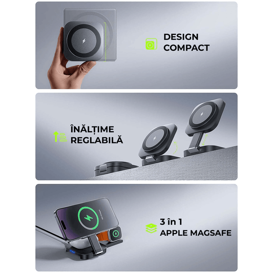 Încărcător Wireless 3 în 1 Pliabil pentru Apple, Magsafe, iPhone, iPad, AirPods, Negru