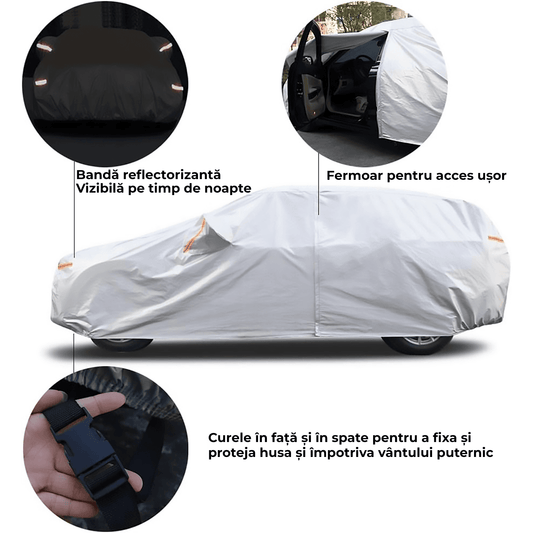 Prelată Auto Premium 6 Straturi, Impermeabilă, Protecție UV, Praf și Zăpadă, Accesorii Masina,Universală pentru Hatchback, Mărime M, 382 x 165 x 120 cm