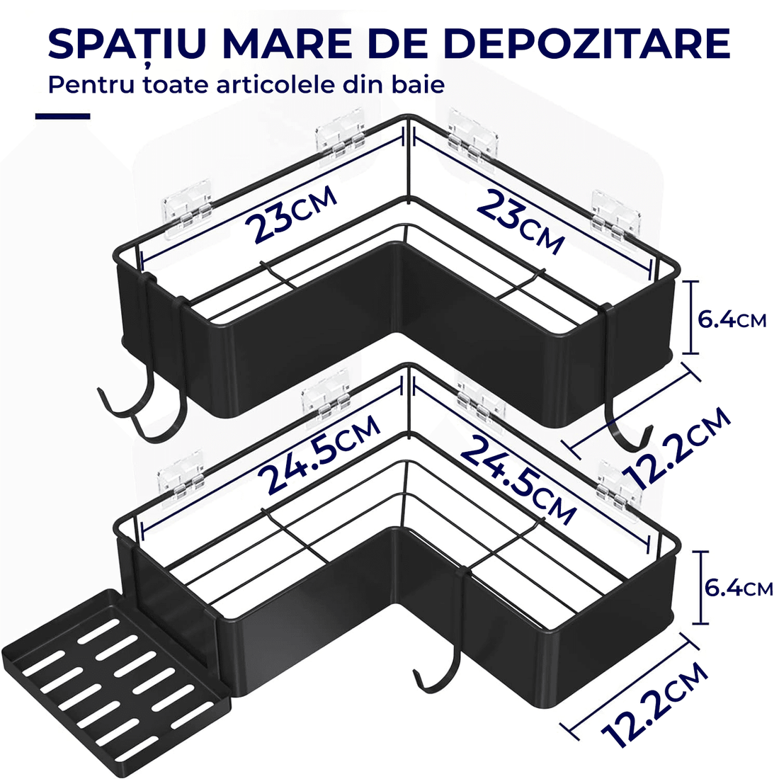 Raft de Duș Colț, Set 2 Etajere, Oțel Inoxidabil, Fără Gauri, Negru