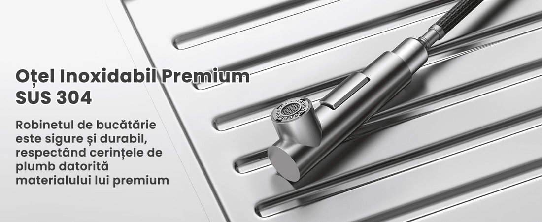 Baterie de Bucătărie Premium cu Duș Extractibil, 360°, Oțel Inoxidabil, Monocomandă, Argintiu