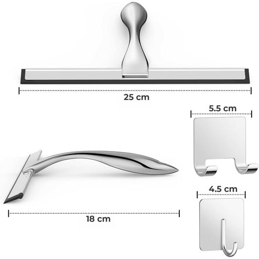 Racletă Duș Profesională din Oțel Inoxidabil, 25 cm, cu 2 Cârlige Aderente, Argintiu