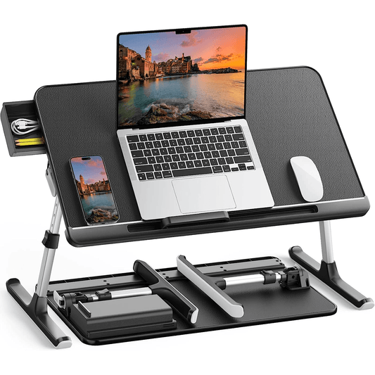 Masă Pliabilă pentru Laptop, Multifuncțională, Ajustabilă, din Piele PVC, Birou Portabil cu Sertar de Depozitare, Negru