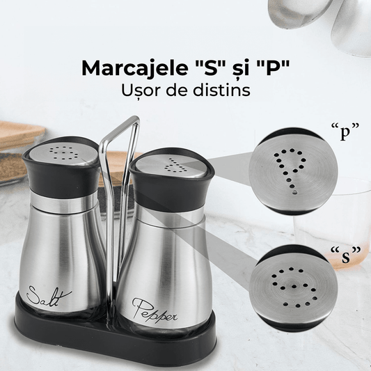 Set 2 Recipiente Sare și Piper, Oțel Inoxidabil și Sticlă Transparentă, 115 ml, Argintiu