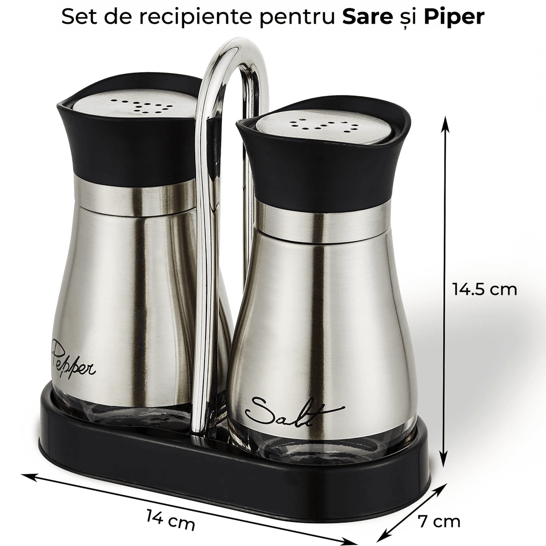 Set 2 Recipiente Sare și Piper, Oțel Inoxidabil și Sticlă Transparentă, 115 ml, Argintiu