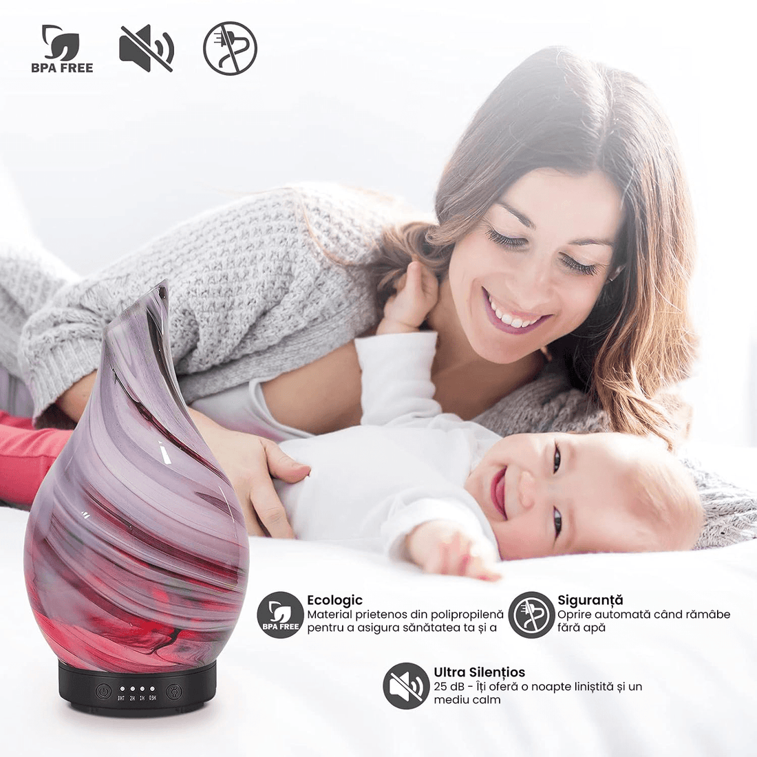 Difuzor Ultrasonic de Uleiuri Esențiale, Aromaterapie și Umidificator de Aer, Rezervor 120 ml, Capac din Sticlă Lucrat Manual, 4 Setări de Timer, Oprire Automată, 7 Culori LED, Gri