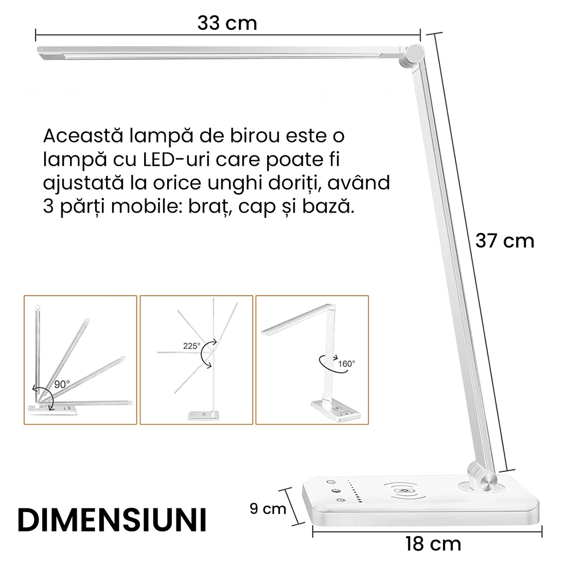 Lampa LED Birou cu Încărcare Wireless, Reglabilă, USB, 5 Moduri, Timer, Argintiu