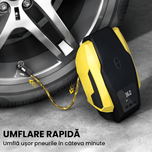 Compresor Auto Digital Portabil cu LED de Urgență, DC 12V, 120W, 6.9 Bari, Cablu 3.6m, Oprire Automată, Negru/Galben