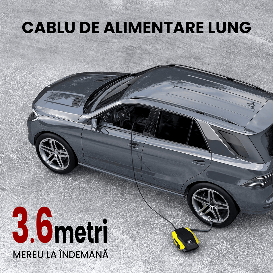 Compresor Auto Digital Portabil cu LED de Urgență, DC 12V, 120W, 6.9 Bari, Cablu 3.6m, Oprire Automată, Negru/Galben