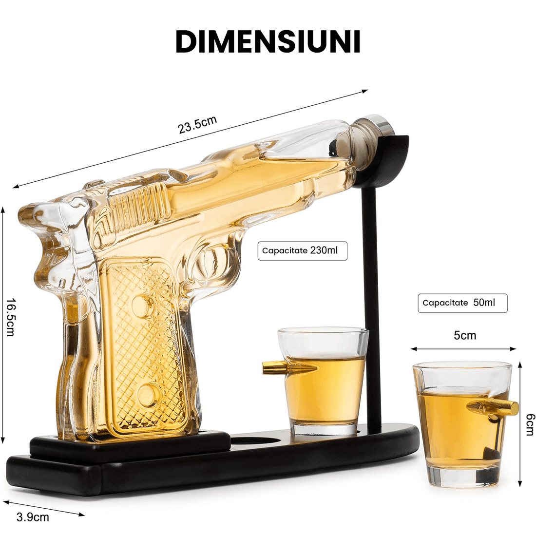 Set Decantor Whiskey Pistol 230 ml cu 2 Pahare de 50 ml și Stativ din Lemn, Transparent