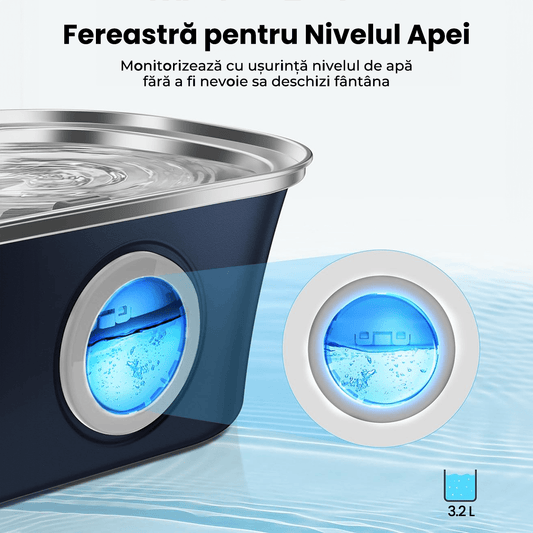 Dispenser Automat Apă pentru Pisici și Câini, 3.2 L, Oțel Inoxidabil, Filtrare Multiplu, Ultra-Silentios, Albastru