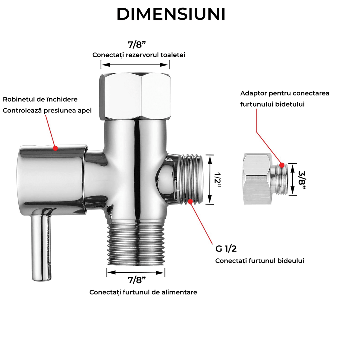 Supapă pentru Bideu cu Închidere, Adaptor T pentru Bidet 1/2” și Adaptor Extra 3/8