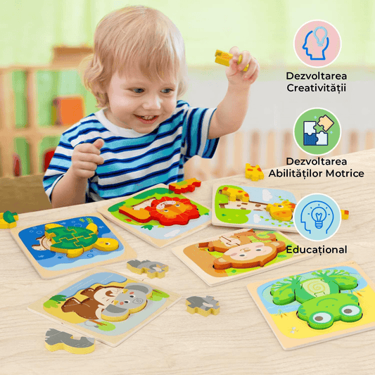 Set puzzle interactiv pentru copii 1-3 ani, 8 modele educaționale din lemn, animale multicolore: Rățușcă, Țestoasă, Câine, Maimuță, Leu, Giraffă, Văcuță, Broască