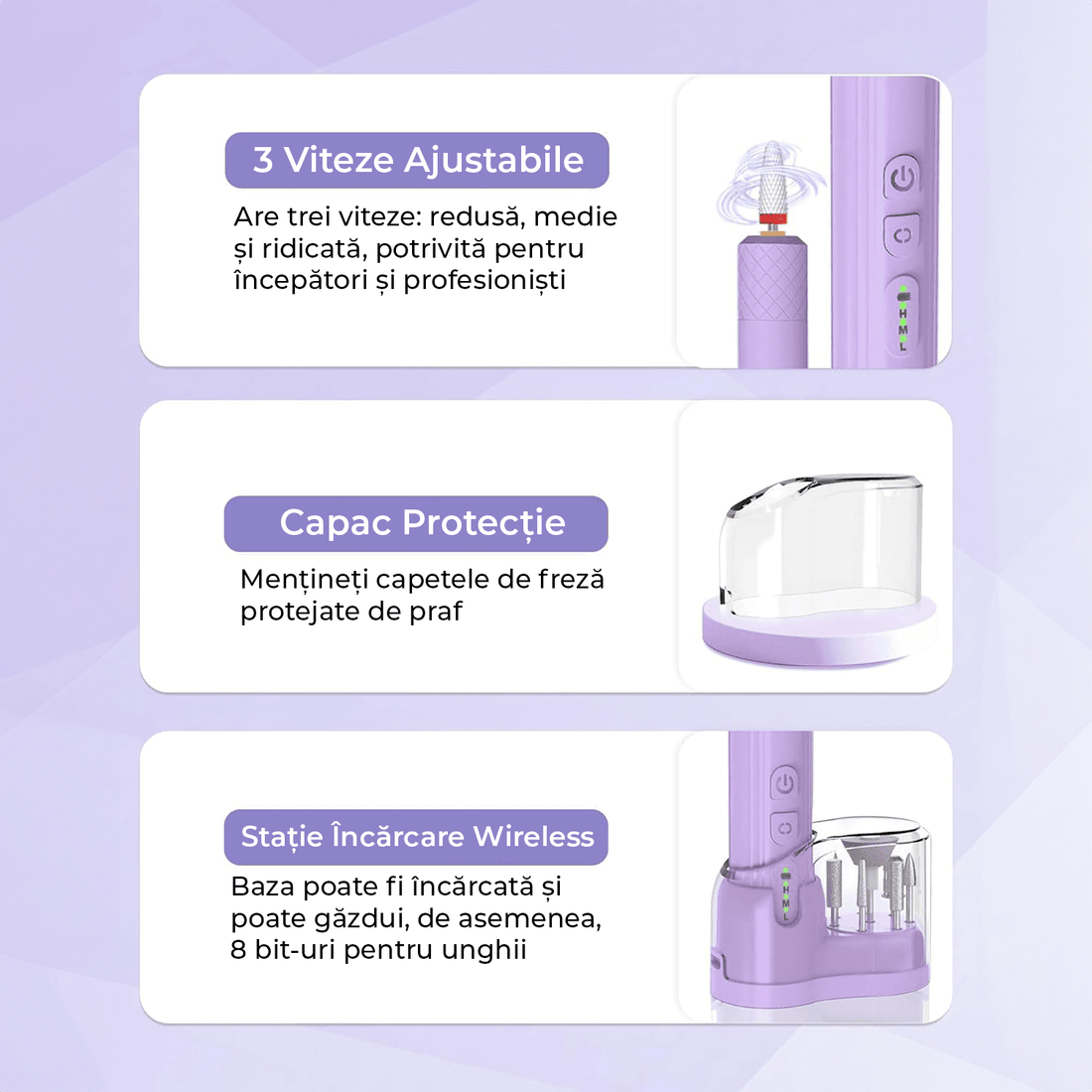 Freză unghii wireless, 18.000 RPM, 3 viteze, mov