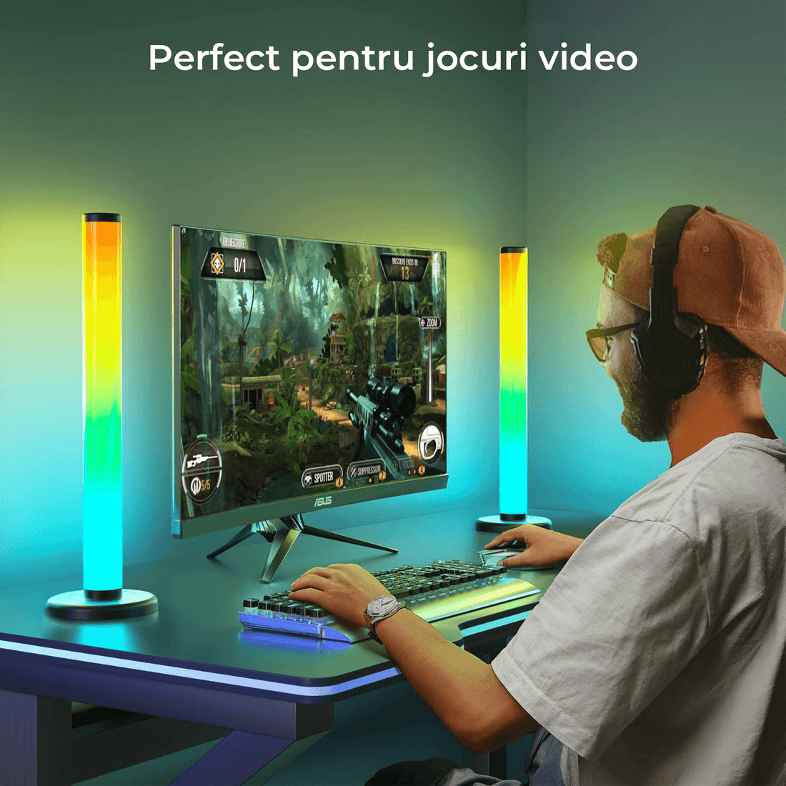 Bare Luminoase Inteligente LED RGB Elindor® 360°, Lumina Ambientală, Control prin Telecomandă și Aplicație Bluetooth, Jocuri de Lumini, Sincronizare cu Sunetele, Multicolore