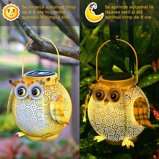 Lampa Solară Suspendată Bufniță, Metalică, IP44, 600mAh, Automată, Galben