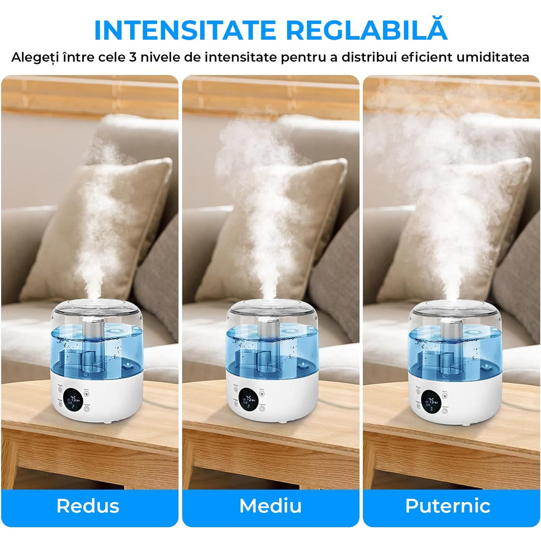 Umidificator cu Difuzor Aromaterapie și LED-uri, Rezervor 3L, 280 ml/h, 3 Moduri, Oprire Automată, Alb