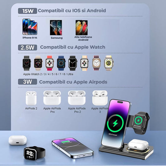 Încărcător Wireless 3 în 1, Fast Charger 15W, Compatibil iPhone, AirPods, Apple Watch, Android, Samsung, Huawei, Xiaomi, Negru Mat
