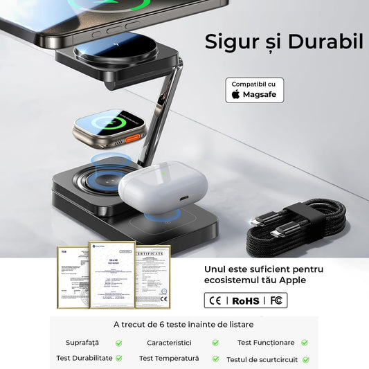 Încărcător Wireless 3 în 1 Pliabil, Reglabil, pentru Apple, Magsafe, 20W, Negru