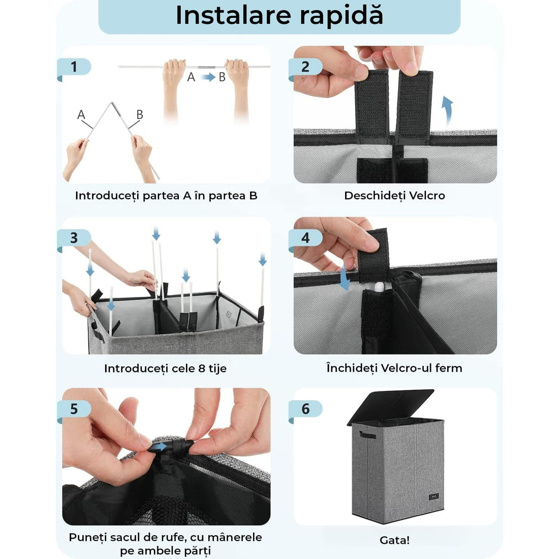 Coș de Rufe Pliabil Elindor, cu Capac și Saci Detașabili, 2 Compartimente, 145 L, 57 x 38 x 67 cm, Material Oxford, Gri