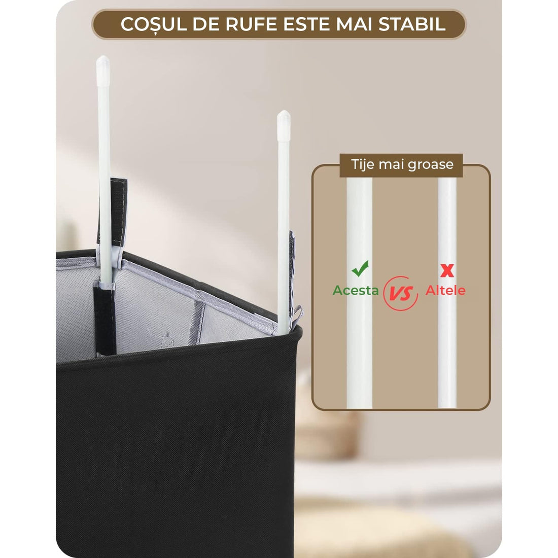 Coș de Rufe Pliabil Elindor, cu Capac și Saci Detasabili, 2 Compartimente, 145 L, 57 x 38 x 67 cm, Material Oxford, Negru