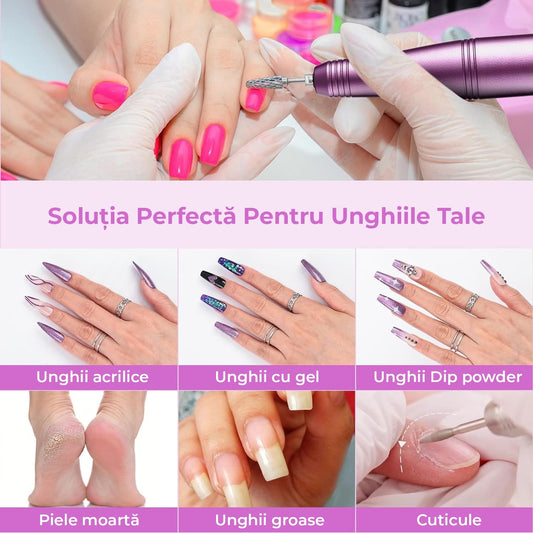 Freză unghii wireless, 11 biți, 25.000 RPM, 25 trepte, mov