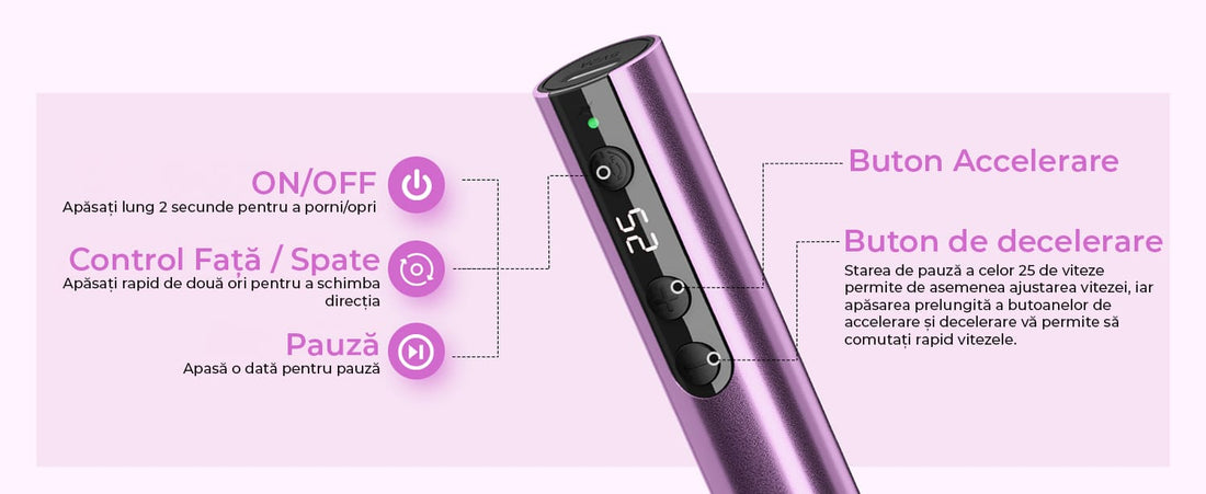 Freză unghii wireless, 11 biți, 25.000 RPM, 25 trepte, mov