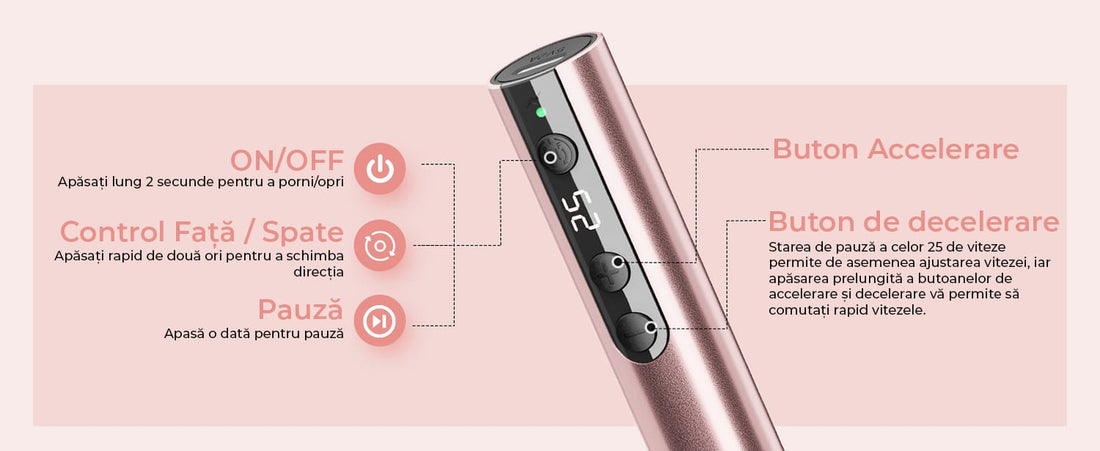 Freză unghii wireless, 11 biți, 25.000 RPM, 25 trepte, auriu