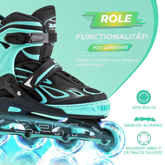 Role Reglabile L 38-41, Roți Luminoase Silicon, Rulmenți ABEC-7, Verde Mentă