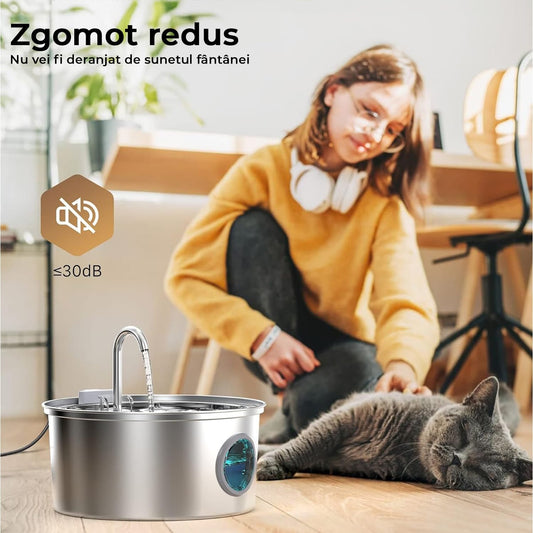 Dispenser automat apă 3.2 L pentru pisici și câini, oțel inoxidabil 304, model rotund, cu fereastră pentru nivelul apei, filtrare multiplă, ultra-silențios, argintiu