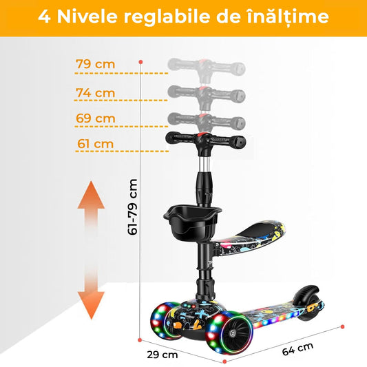 Trotineta pentru Copii cu Sezut Elindor® Pliabila, Tansformabila 2 in 1, cu Scaun, cu Roti cu Lumini LED, pentru Fete si Baieti de 3 - 8 ani, Sistem Ghidon cu Inclinare, Ajustabil 67 - 77 cm, Suprafata Antiderapanta, Negru / Multicolor