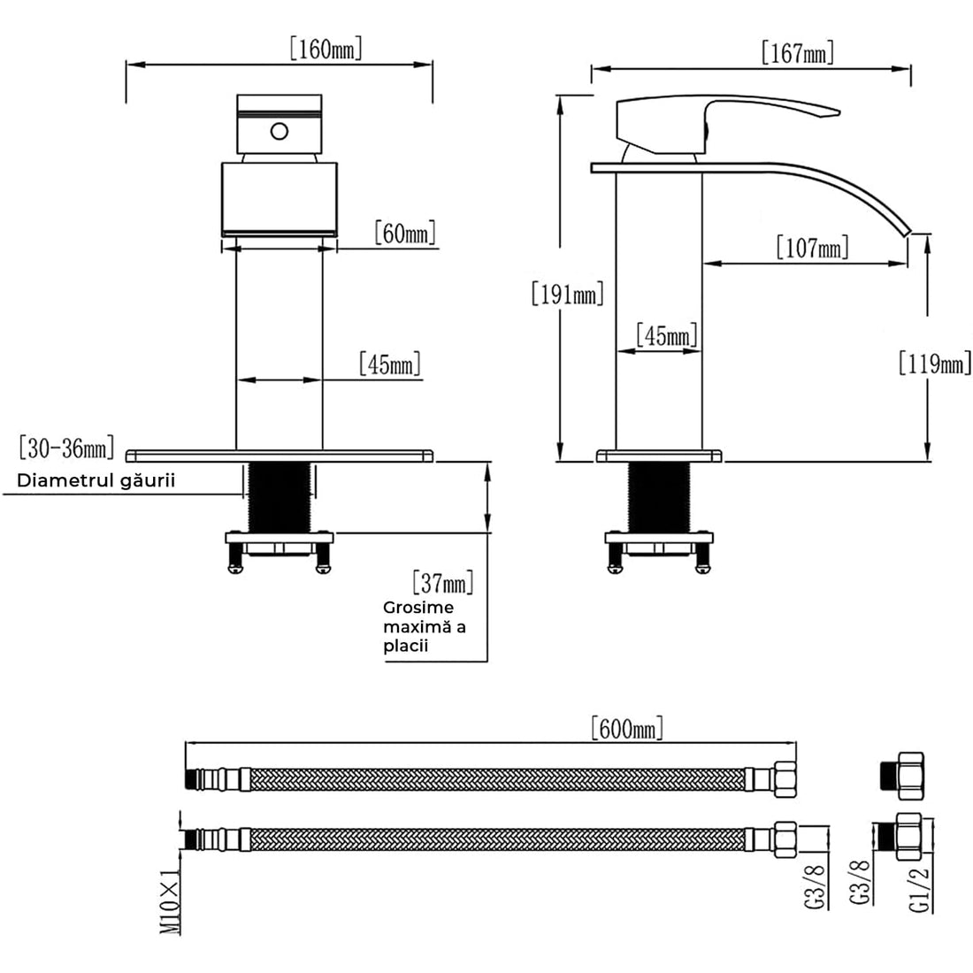 Baterie Chiuvetă Modernă Tip Cascadă, Monocomandă, cu Placă de Montare, Alamă, Negru