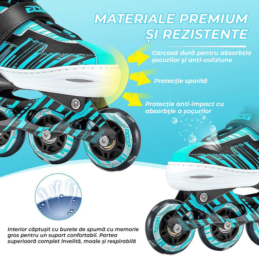 Role reglabile pentru copii si adulti, roti luminoase din silicon, 4 roti in linie, rulmenti ABEC-7, Aluminiu/poliuretan, model EK3, marimea S 28-31, Turcoaz