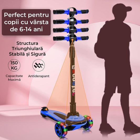 Trotinetă pliabilă copii cu 3 roți LED, 5-14 ani, înălțime reglabilă 80-120 cm, albastră