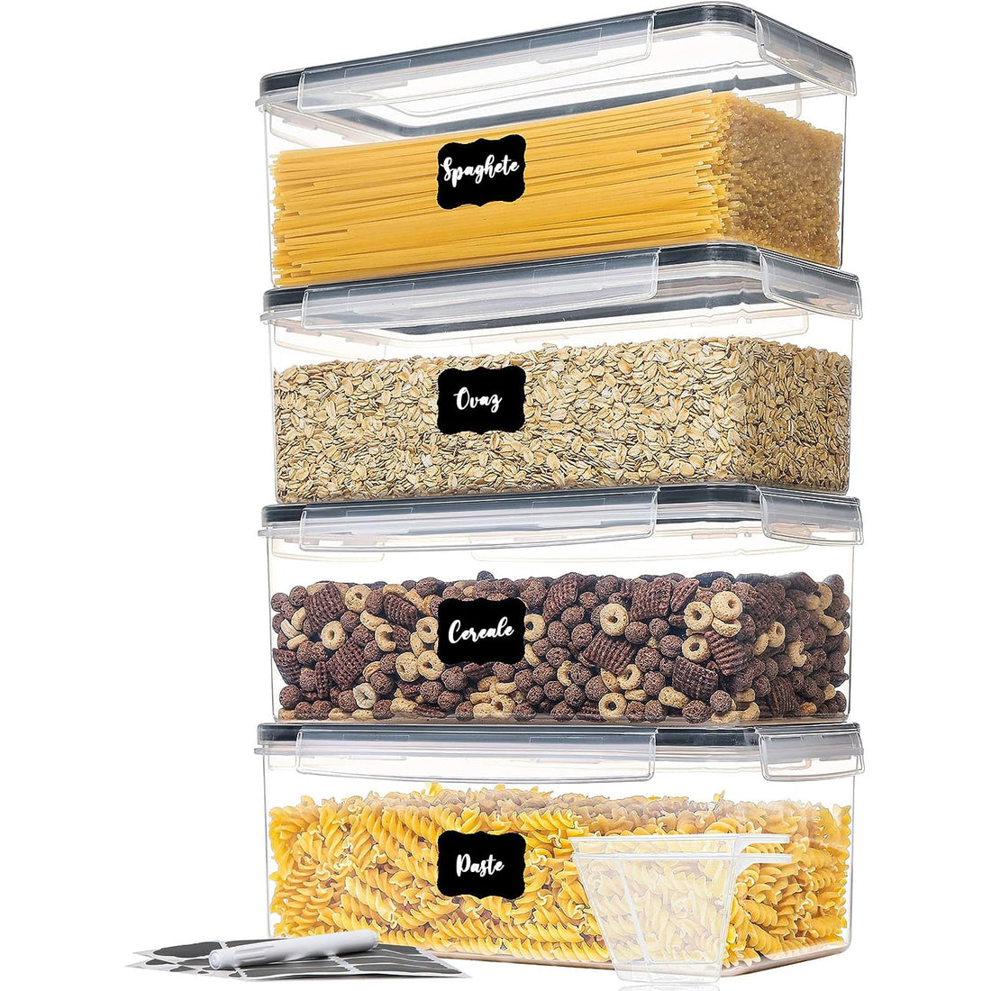Set de 4 Recipiente Elindor® Mari, Caserole Ingrediente pentru Bucatarie, pentru Alimente Uscate, Recipient pentru Depozitare Cafea, Zahar, Paste, Cereale, Capac Etans, fara BPA, Etichete Reutilizabile, 3.2L, Transparent