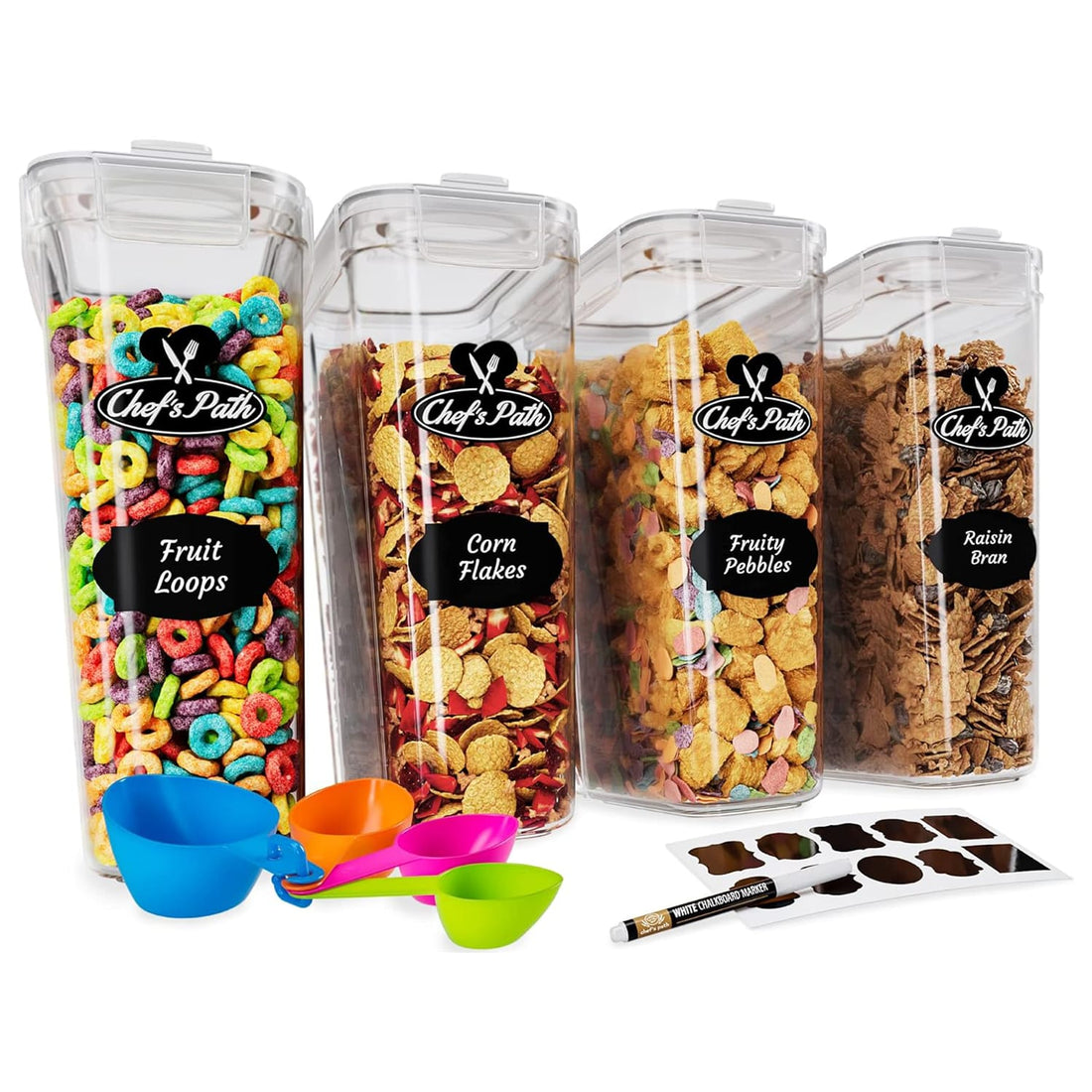 Set 4 Recipiente Cereale Elindor®, 4 L, Organizare si Depozitare Alimente Uscate, Inchidere Ermetica, Capac cu Dozator, Stivuibile, Fara BPA, Etichete, Marker si Lingurite, Transparent