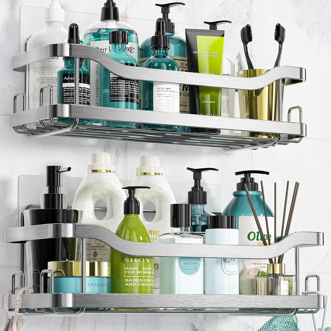 Set 2 rafturi de duș, prindere adezivă, organizator baie/bucătărie, oțel inoxidabil, argintiu