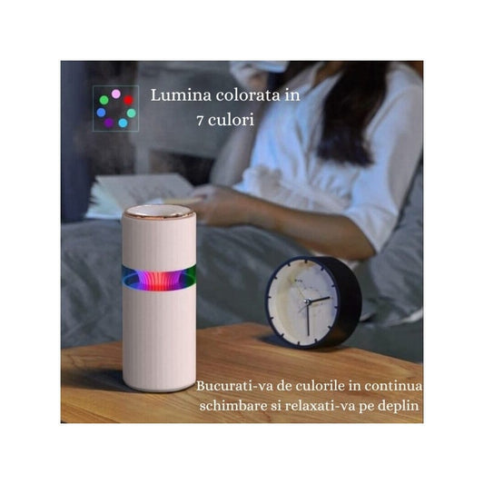 Mini Umidificator de aer cu difuzor aromaterapie si lumini LED, portabil, USB, rezervor 390ml, 2 moduri de functionare, lumini de noapte, umidificator camera si masina auto, Alb