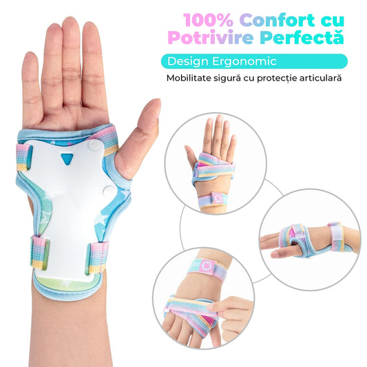 Set de Protecție Genunchiere, Cotiere, Aparatori Incheieturi, Reglabil, Pentru Copii cu Design Unicorn Curcubeu, Potrivit Pentru Ciclism, Role, Trotineta, SkateBoard, Marimea M, Culoare Roz