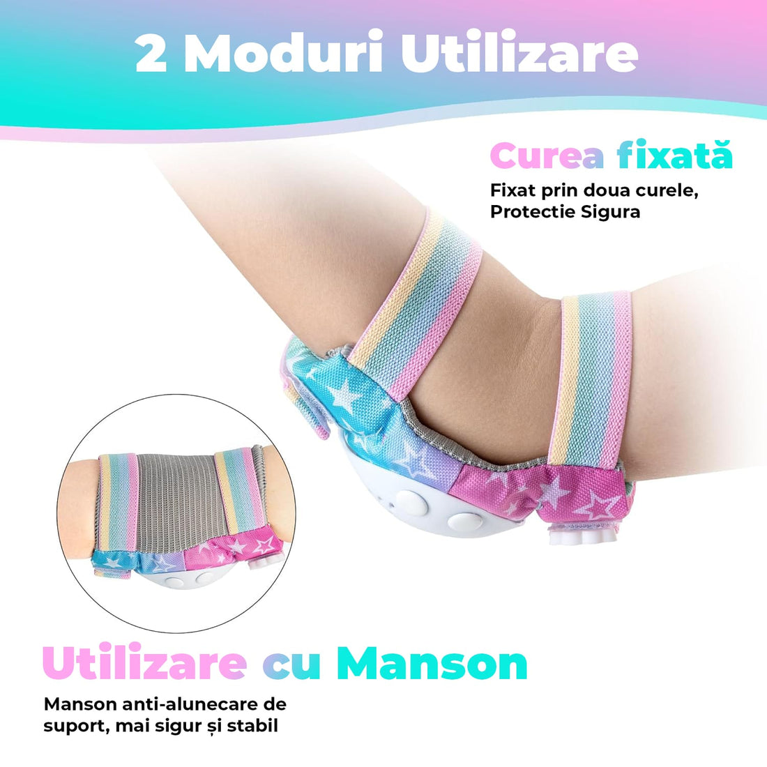Set de Protecție Genunchiere, Cotiere, Aparatori Incheieturi, Reglabil, Pentru Copii cu Design Unicorn Curcubeu, Potrivit Pentru Ciclism, Role, Trotineta, SkateBoard, Marimea M, Culoare Roz