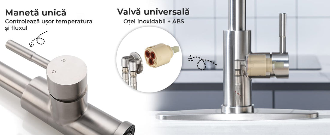 Baterie chiuveta bucatarie cu dus extractibil, Monocomanda, Pipa inalta, 360 °, Otel inoxidabil, Finisaj periat, Argintiu