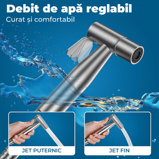 Set dus pentru igiena intima, baterie bideu si WC din otel inoxidabil, Baterie, Adaptor, Furtun si Suport de Prindere pe WC sau Perete cu Presiune Reglabila, Filet 1/2, Argintiu