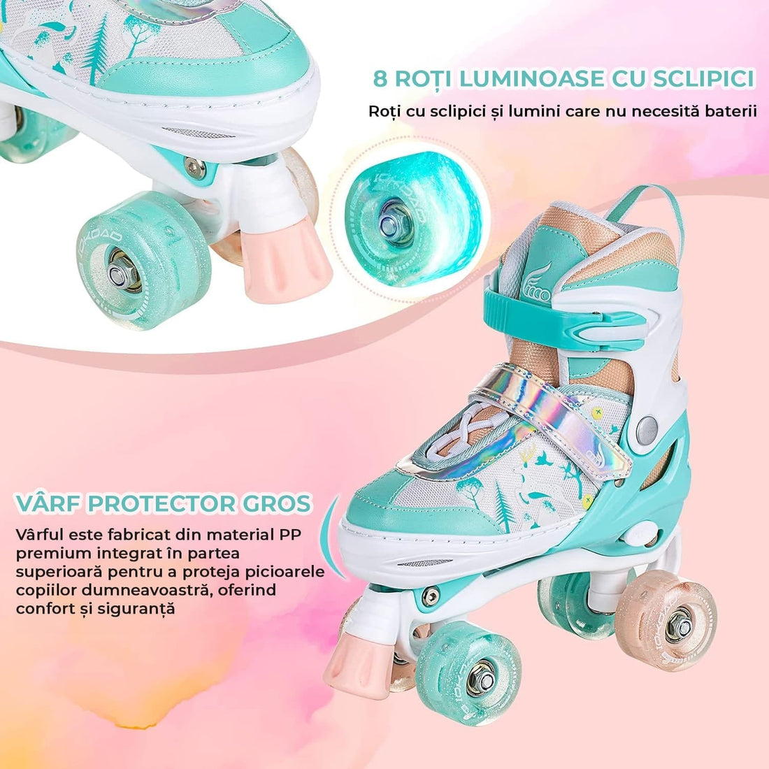 Role reglabile pentru copii si adulti, 4 roti luminoase din silicon, 4 marimi ajustabile, rulmenti ABEC-7, Aluminiu/poliuretan, Model 955B, marimea S 28-31, Verde