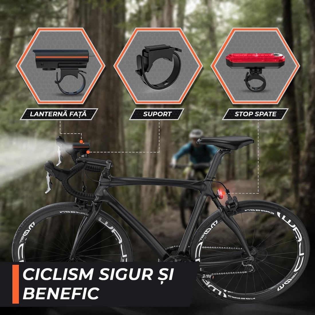 Set Lumini Bicicleta Fata/Spate, Far Fata de 250 Lumen, Reincarcabil USB-C, Far cu 3 Moduri de Iluminare, Stop cu 4 Moduri de Flash, Rezistent la Apa IPX4, Negru