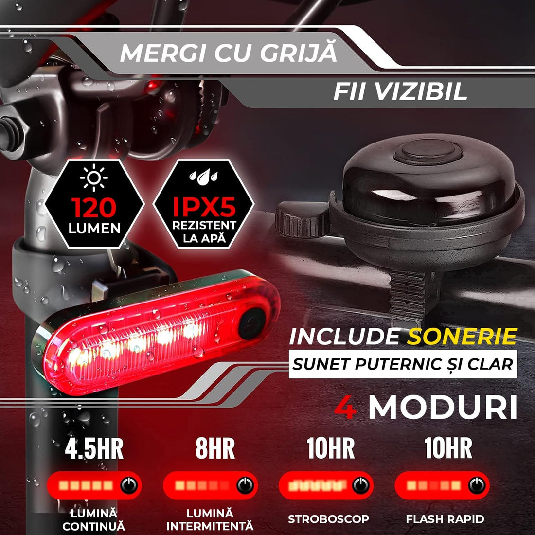 Set lumini bicicletă față/spate cu sonerie, 400 lumeni, USB-C, 4 moduri, IPX5, negru