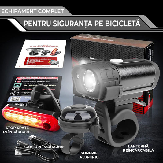 Set lumini bicicletă față/spate cu sonerie, 400 lumeni, USB-C, 4 moduri, IPX5, negru