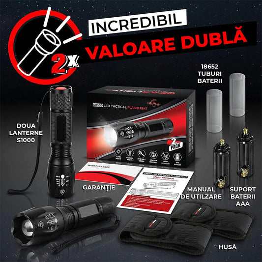 Set 2 Lanterne LED Extra Luminoase, 1040 Lumeni, Design Tactic Militar, 5 Moduri, Fascicul cu Zoom, 2 Tipuri de Baterii AAA sau 18650, Rezistent la Apa și Lovituri, Negru