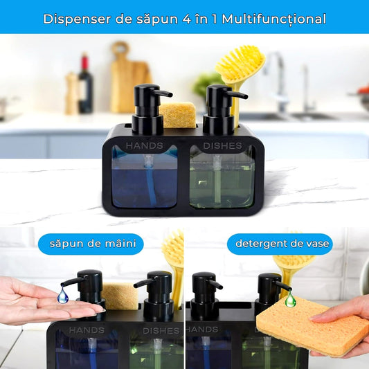 Set dozatoare săpun 2 compartimente, suport burete și perie, organizator 4 în 1, negru