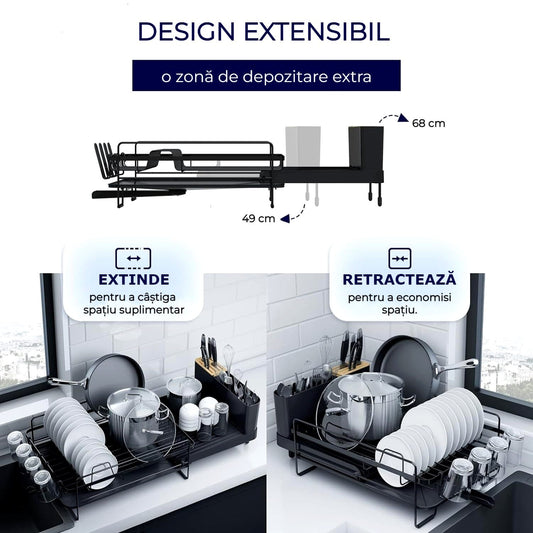 Suport extensibil uscat vase, tacâmuri și căni, 49x33x15 cm, anti-alunecare, negru